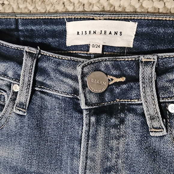 Risen Jeans High Rise Vintage Inspired Bell Bottom Distressed Split Hem 0 24 - Picture 7 of 17